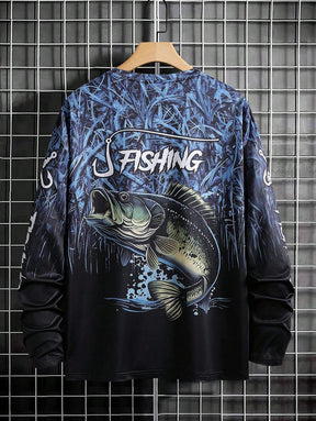 Manfinity LEGND Camiseta Casual de Pesca de Manga Longa Masculina - Estampa 3D de Peixe, Gola Redonda, Poliéster, Degradê Preto e Azul, Ideal para Atividades ao Ar Livre, Outono