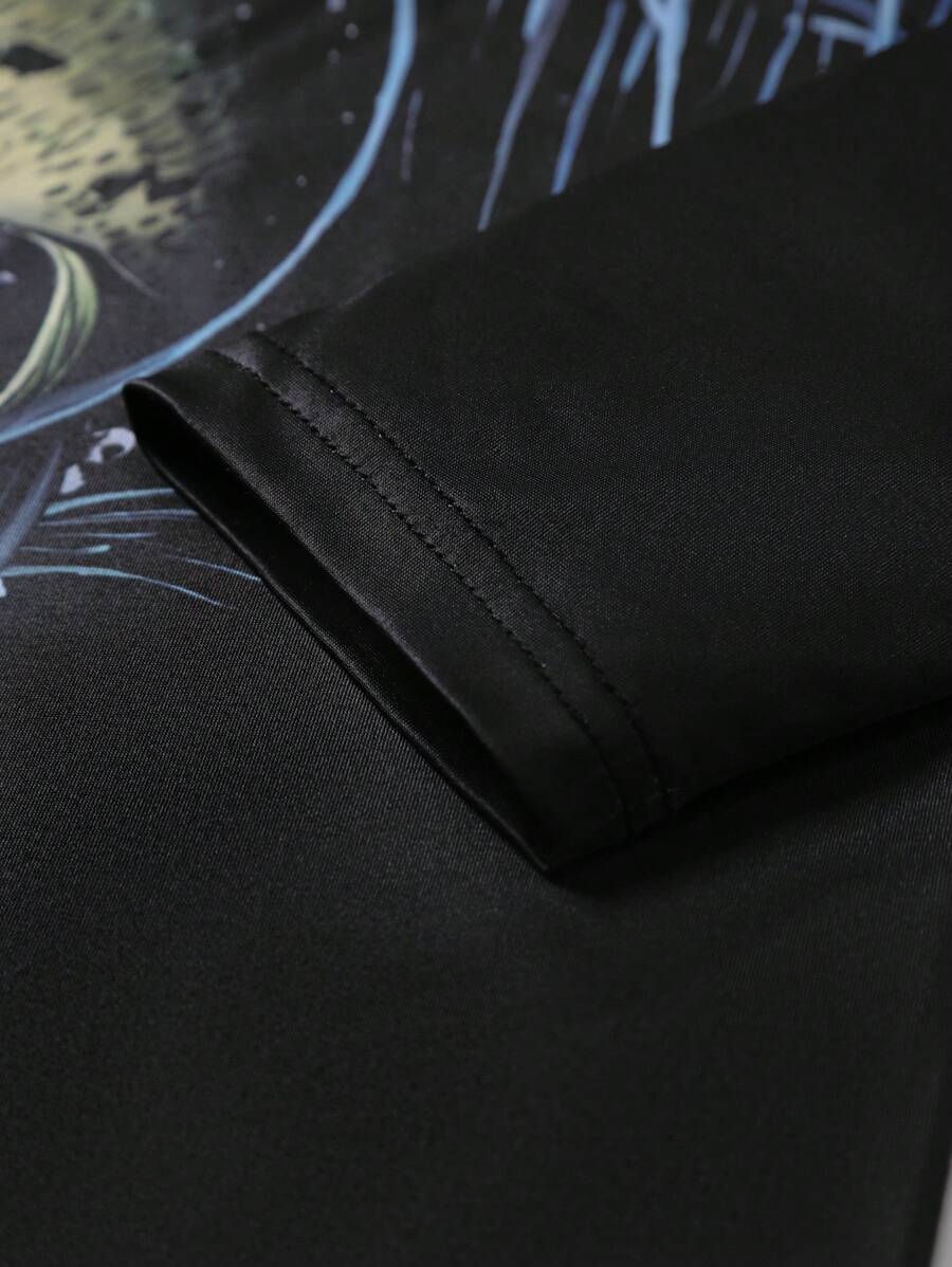 Manfinity LEGND Camiseta Casual de Pesca de Manga Longa Masculina - Estampa 3D de Peixe, Gola Redonda, Poliéster, Degradê Preto e Azul, Ideal para Atividades ao Ar Livre, Outono