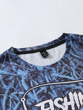 Manfinity LEGND Camiseta Casual de Pesca de Manga Longa Masculina - Estampa 3D de Peixe, Gola Redonda, Poliéster, Degradê Preto e Azul, Ideal para Atividades ao Ar Livre, Outono