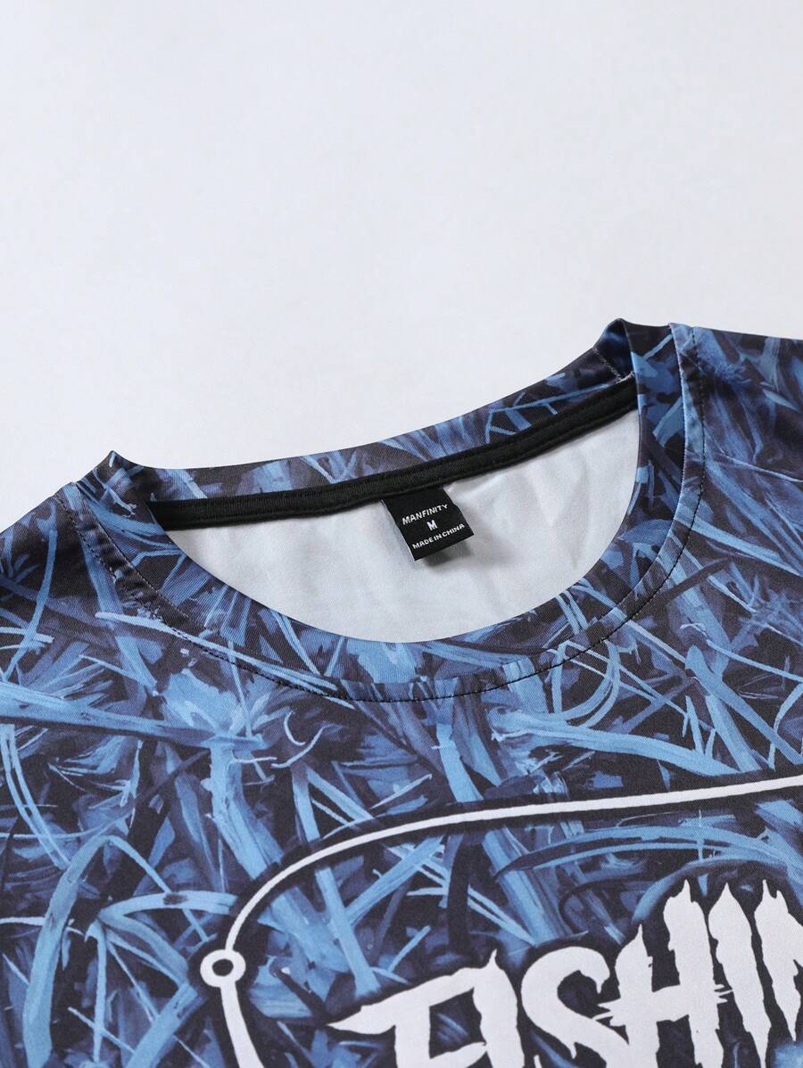 Manfinity LEGND Camiseta Casual de Pesca de Manga Longa Masculina - Estampa 3D de Peixe, Gola Redonda, Poliéster, Degradê Preto e Azul, Ideal para Atividades ao Ar Livre, Outono