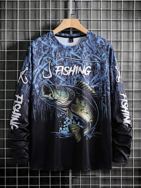 Manfinity LEGND Camiseta Casual de Pesca de Manga Longa Masculina - Estampa 3D de Peixe, Gola Redonda, Poliéster, Degradê Preto e Azul, Ideal para Atividades ao Ar Livre, Outono