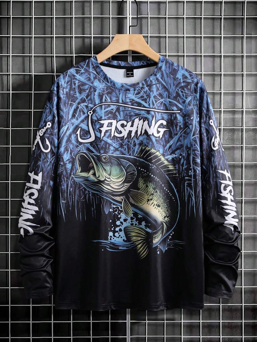 Manfinity LEGND Camiseta Casual de Pesca de Manga Longa Masculina - Estampa 3D de Peixe, Gola Redonda, Poliéster, Degradê Preto e Azul, Ideal para Atividades ao Ar Livre, Outono