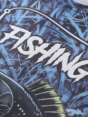 Manfinity LEGND Camiseta Casual de Pesca de Manga Longa Masculina - Estampa 3D de Peixe, Gola Redonda, Poliéster, Degradê Preto e Azul, Ideal para Atividades ao Ar Livre, Outono