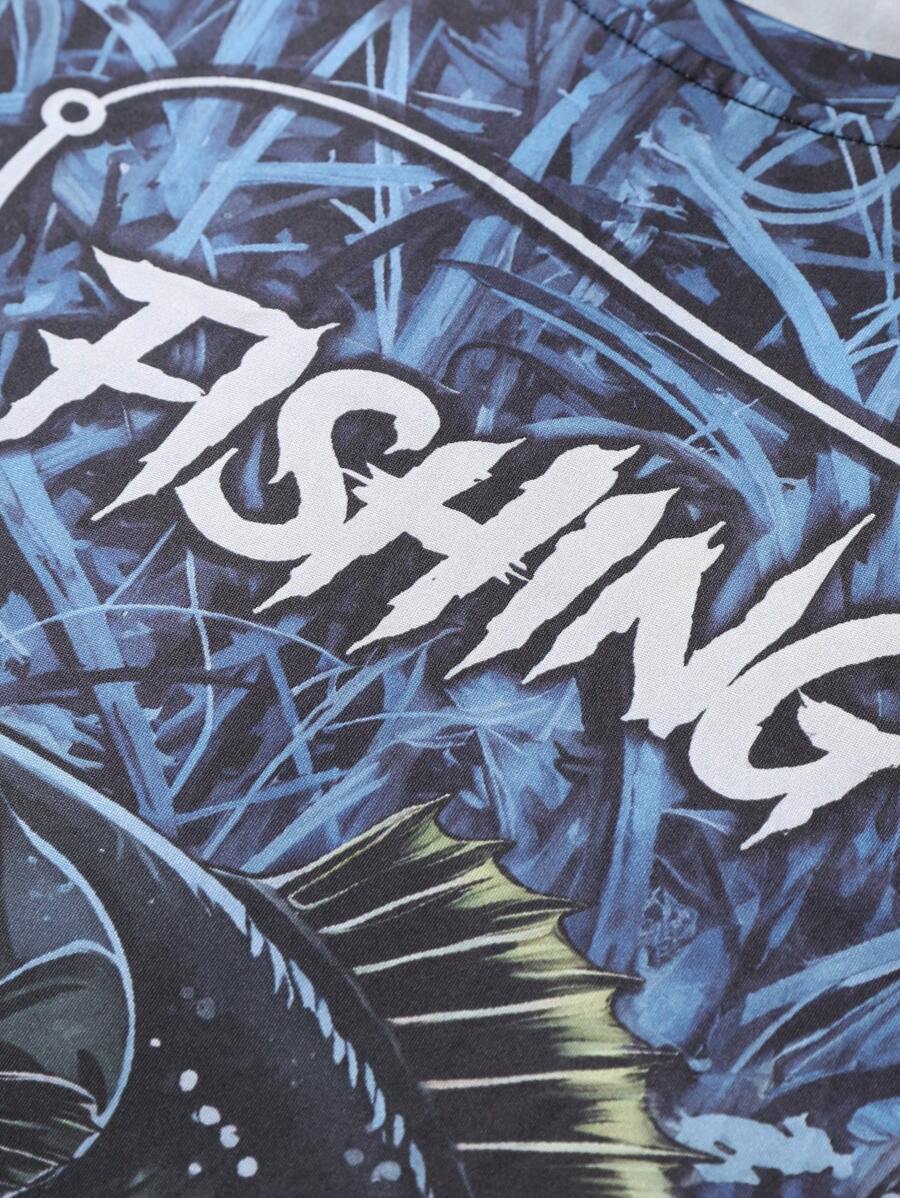 Manfinity LEGND Camiseta Casual de Pesca de Manga Longa Masculina - Estampa 3D de Peixe, Gola Redonda, Poliéster, Degradê Preto e Azul, Ideal para Atividades ao Ar Livre, Outono