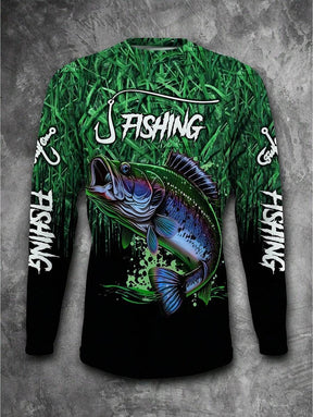 Manfinity LEGND Camiseta Casual de Pesca de Manga Longa Masculina - Estampa 3D de Peixe, Gola Redonda, Poliéster, Degradê Preto e Azul, Ideal para Atividades ao Ar Livre, Outono