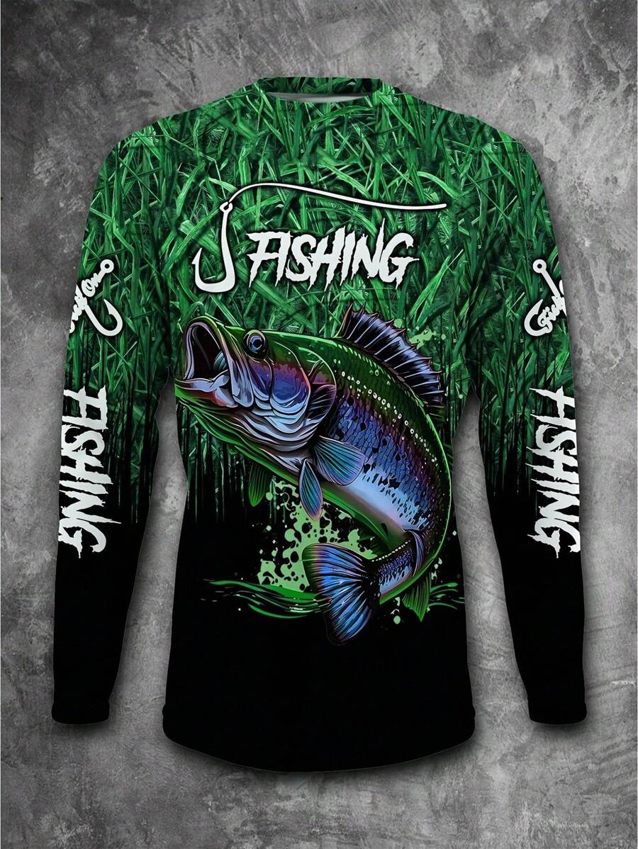 Manfinity LEGND Camiseta Casual de Pesca de Manga Longa Masculina - Estampa 3D de Peixe, Gola Redonda, Poliéster, Degradê Preto e Azul, Ideal para Atividades ao Ar Livre, Outono