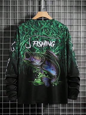 Manfinity LEGND Camiseta Casual de Pesca de Manga Longa Masculina - Estampa 3D de Peixe, Gola Redonda, Poliéster, Degradê Preto e Azul, Ideal para Atividades ao Ar Livre, Outono