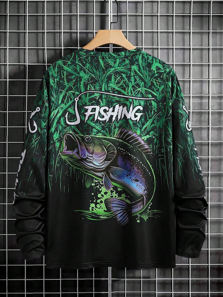 Manfinity LEGND Camiseta Casual de Pesca de Manga Longa Masculina - Estampa 3D de Peixe, Gola Redonda, Poliéster, Degradê Preto e Azul, Ideal para Atividades ao Ar Livre, Outono