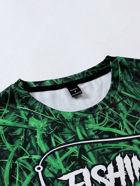 Manfinity LEGND Camiseta Casual de Pesca de Manga Longa Masculina - Estampa 3D de Peixe, Gola Redonda, Poliéster, Degradê Preto e Azul, Ideal para Atividades ao Ar Livre, Outono