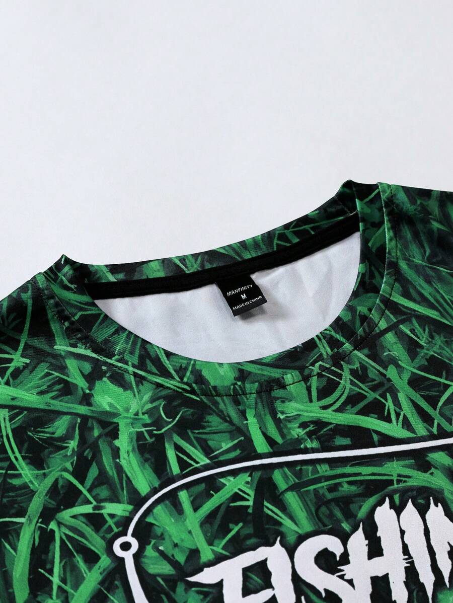 Manfinity LEGND Camiseta Casual de Pesca de Manga Longa Masculina - Estampa 3D de Peixe, Gola Redonda, Poliéster, Degradê Preto e Azul, Ideal para Atividades ao Ar Livre, Outono