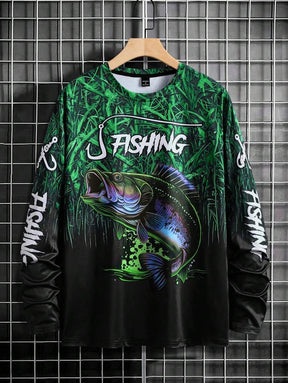 Manfinity LEGND Camiseta Casual de Pesca de Manga Longa Masculina - Estampa 3D de Peixe, Gola Redonda, Poliéster, Degradê Preto e Azul, Ideal para Atividades ao Ar Livre, Outono