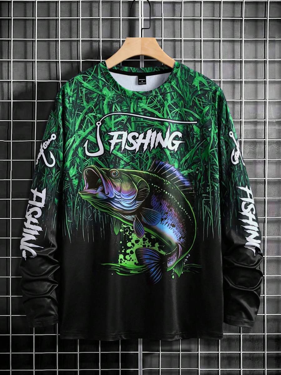 Manfinity LEGND Camiseta Casual de Pesca de Manga Longa Masculina - Estampa 3D de Peixe, Gola Redonda, Poliéster, Degradê Preto e Azul, Ideal para Atividades ao Ar Livre, Outono