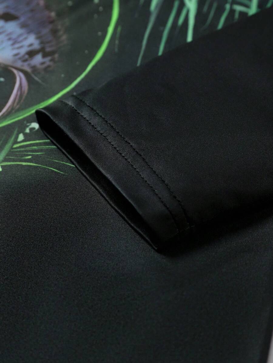 Manfinity LEGND Camiseta Casual de Pesca de Manga Longa Masculina - Estampa 3D de Peixe, Gola Redonda, Poliéster, Degradê Preto e Azul, Ideal para Atividades ao Ar Livre, Outono