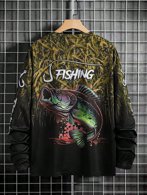 Manfinity LEGND Camiseta Casual de Pesca de Manga Longa Masculina - Estampa 3D de Peixe, Gola Redonda, Poliéster, Degradê Preto e Azul, Ideal para Atividades ao Ar Livre, Outono