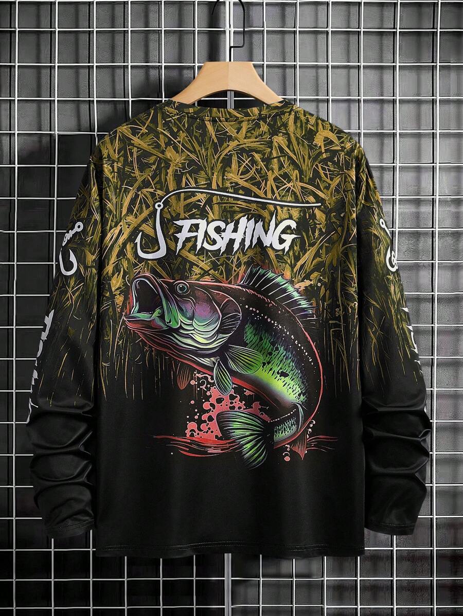 Manfinity LEGND Camiseta Casual de Pesca de Manga Longa Masculina - Estampa 3D de Peixe, Gola Redonda, Poliéster, Degradê Preto e Azul, Ideal para Atividades ao Ar Livre, Outono