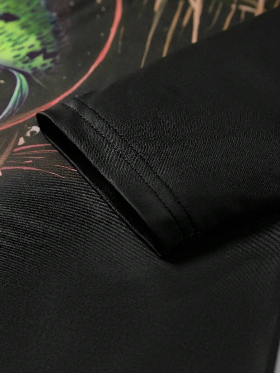 Manfinity LEGND Camiseta Casual de Pesca de Manga Longa Masculina - Estampa 3D de Peixe, Gola Redonda, Poliéster, Degradê Preto e Azul, Ideal para Atividades ao Ar Livre, Outono