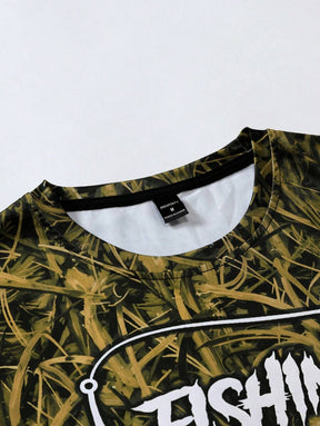 Manfinity LEGND Camiseta Casual de Pesca de Manga Longa Masculina - Estampa 3D de Peixe, Gola Redonda, Poliéster, Degradê Preto e Azul, Ideal para Atividades ao Ar Livre, Outono