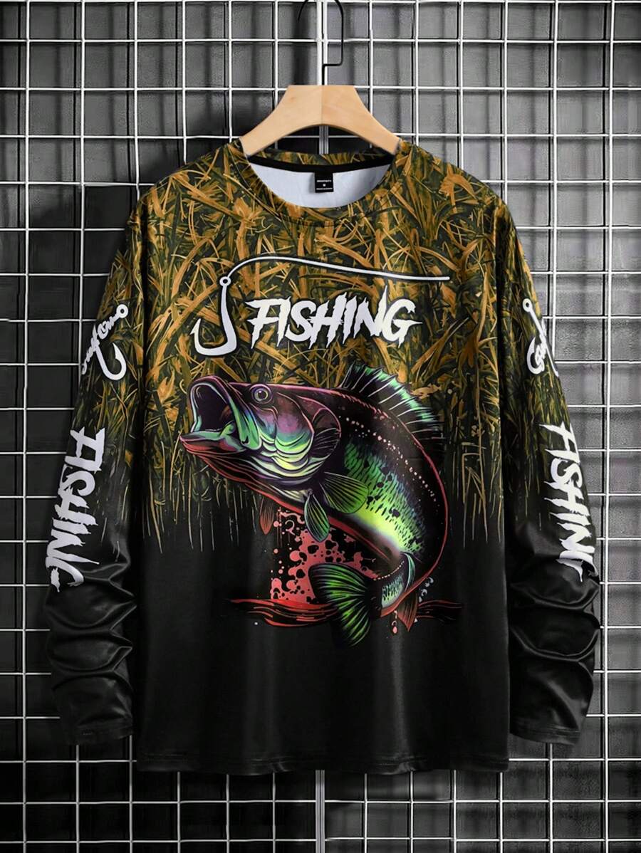 Manfinity LEGND Camiseta Casual de Pesca de Manga Longa Masculina - Estampa 3D de Peixe, Gola Redonda, Poliéster, Degradê Preto e Azul, Ideal para Atividades ao Ar Livre, Outono