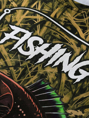 Manfinity LEGND Camiseta Casual de Pesca de Manga Longa Masculina - Estampa 3D de Peixe, Gola Redonda, Poliéster, Degradê Preto e Azul, Ideal para Atividades ao Ar Livre, Outono