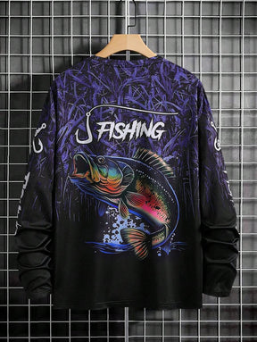 Manfinity LEGND Camiseta Casual de Pesca de Manga Longa Masculina - Estampa 3D de Peixe, Gola Redonda, Poliéster, Degradê Preto e Azul, Ideal para Atividades ao Ar Livre, Outono