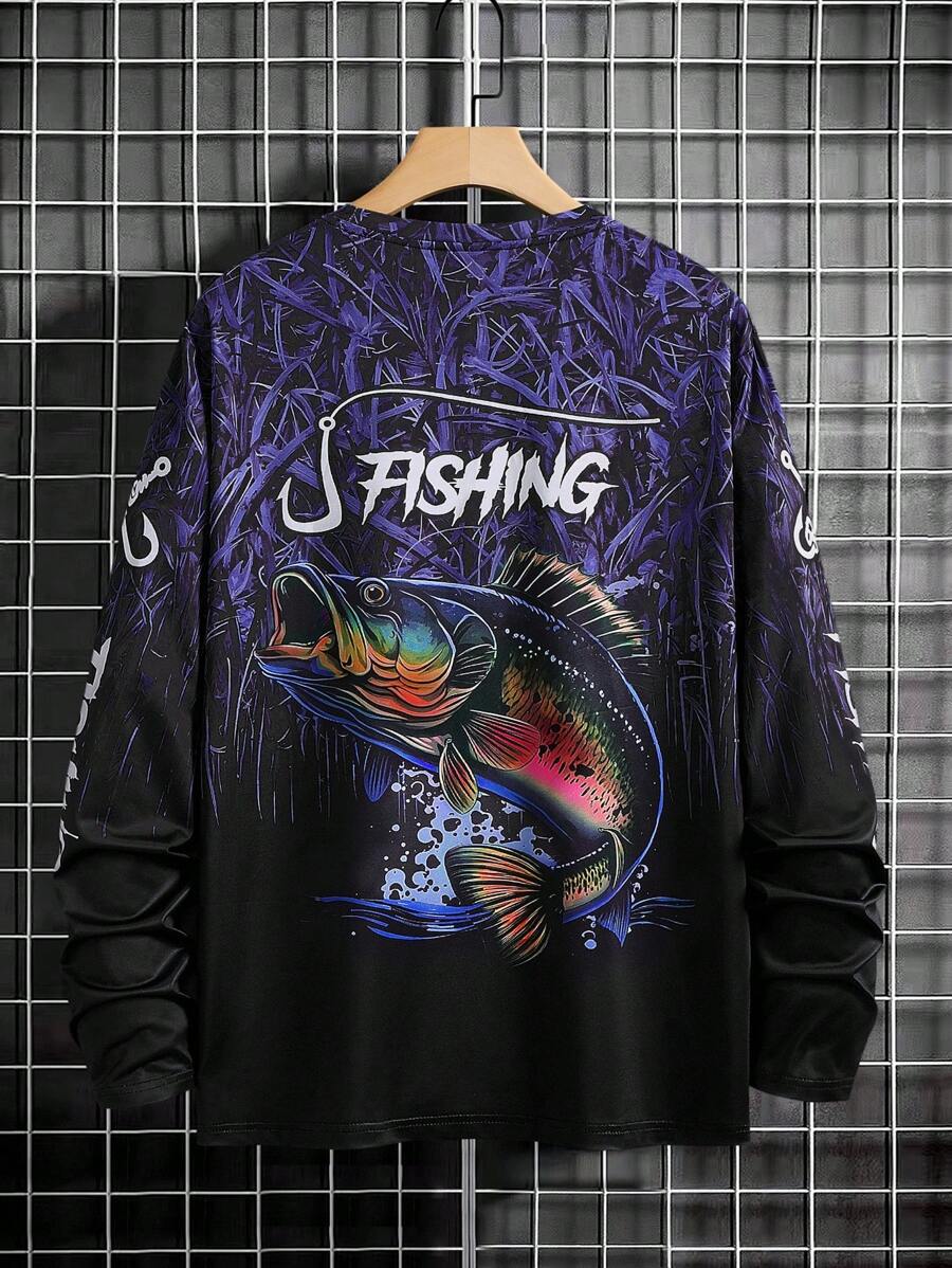 Manfinity LEGND Camiseta Casual de Pesca de Manga Longa Masculina - Estampa 3D de Peixe, Gola Redonda, Poliéster, Degradê Preto e Azul, Ideal para Atividades ao Ar Livre, Outono