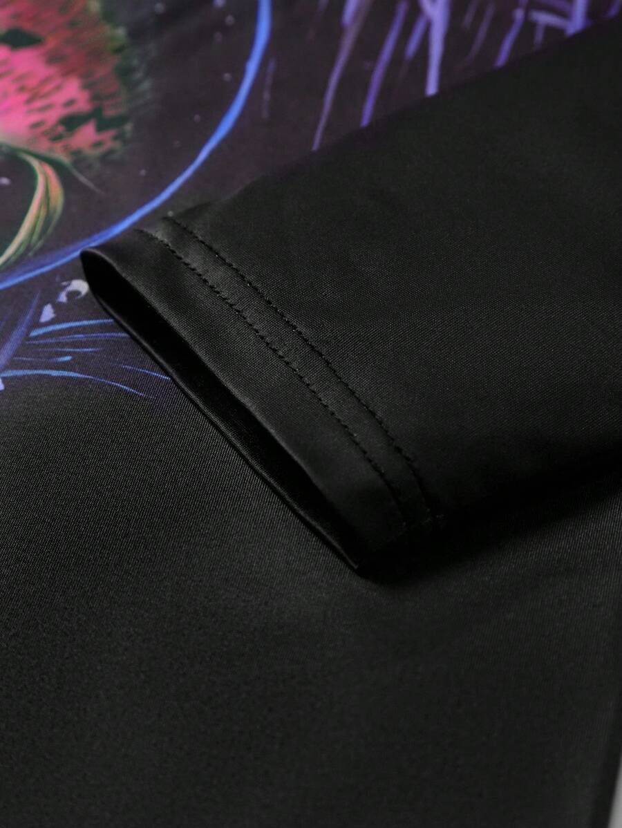 Manfinity LEGND Camiseta Casual de Pesca de Manga Longa Masculina - Estampa 3D de Peixe, Gola Redonda, Poliéster, Degradê Preto e Azul, Ideal para Atividades ao Ar Livre, Outono