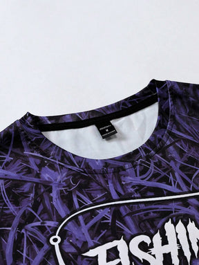 Manfinity LEGND Camiseta Casual de Pesca de Manga Longa Masculina - Estampa 3D de Peixe, Gola Redonda, Poliéster, Degradê Preto e Azul, Ideal para Atividades ao Ar Livre, Outono