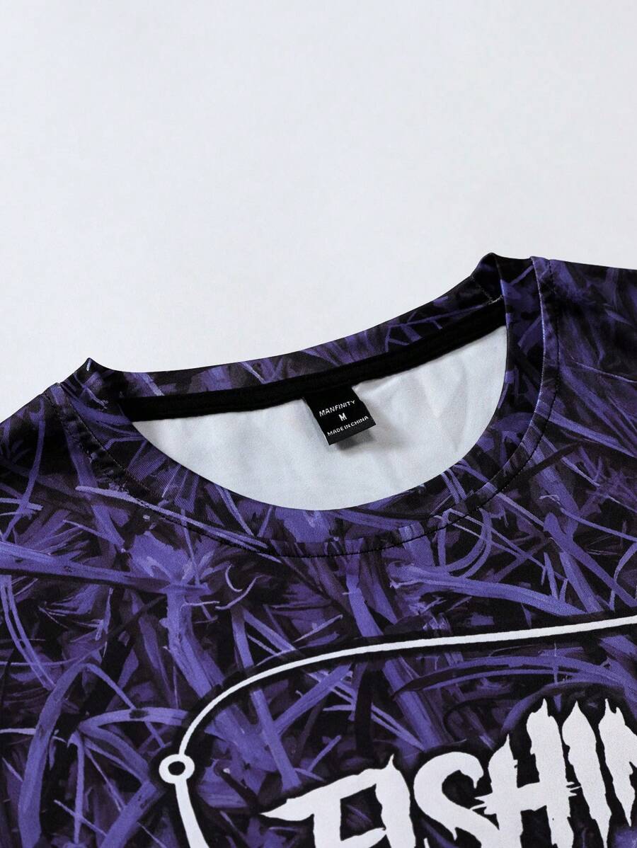 Manfinity LEGND Camiseta Casual de Pesca de Manga Longa Masculina - Estampa 3D de Peixe, Gola Redonda, Poliéster, Degradê Preto e Azul, Ideal para Atividades ao Ar Livre, Outono