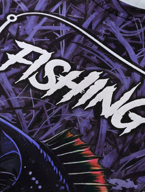 Manfinity LEGND Camiseta Casual de Pesca de Manga Longa Masculina - Estampa 3D de Peixe, Gola Redonda, Poliéster, Degradê Preto e Azul, Ideal para Atividades ao Ar Livre, Outono