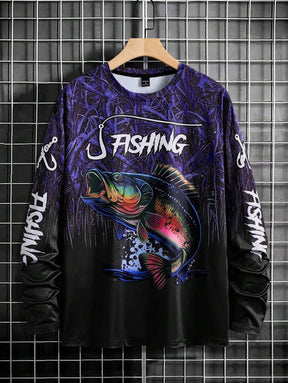 Manfinity LEGND Camiseta Casual de Pesca de Manga Longa Masculina - Estampa 3D de Peixe, Gola Redonda, Poliéster, Degradê Preto e Azul, Ideal para Atividades ao Ar Livre, Outono