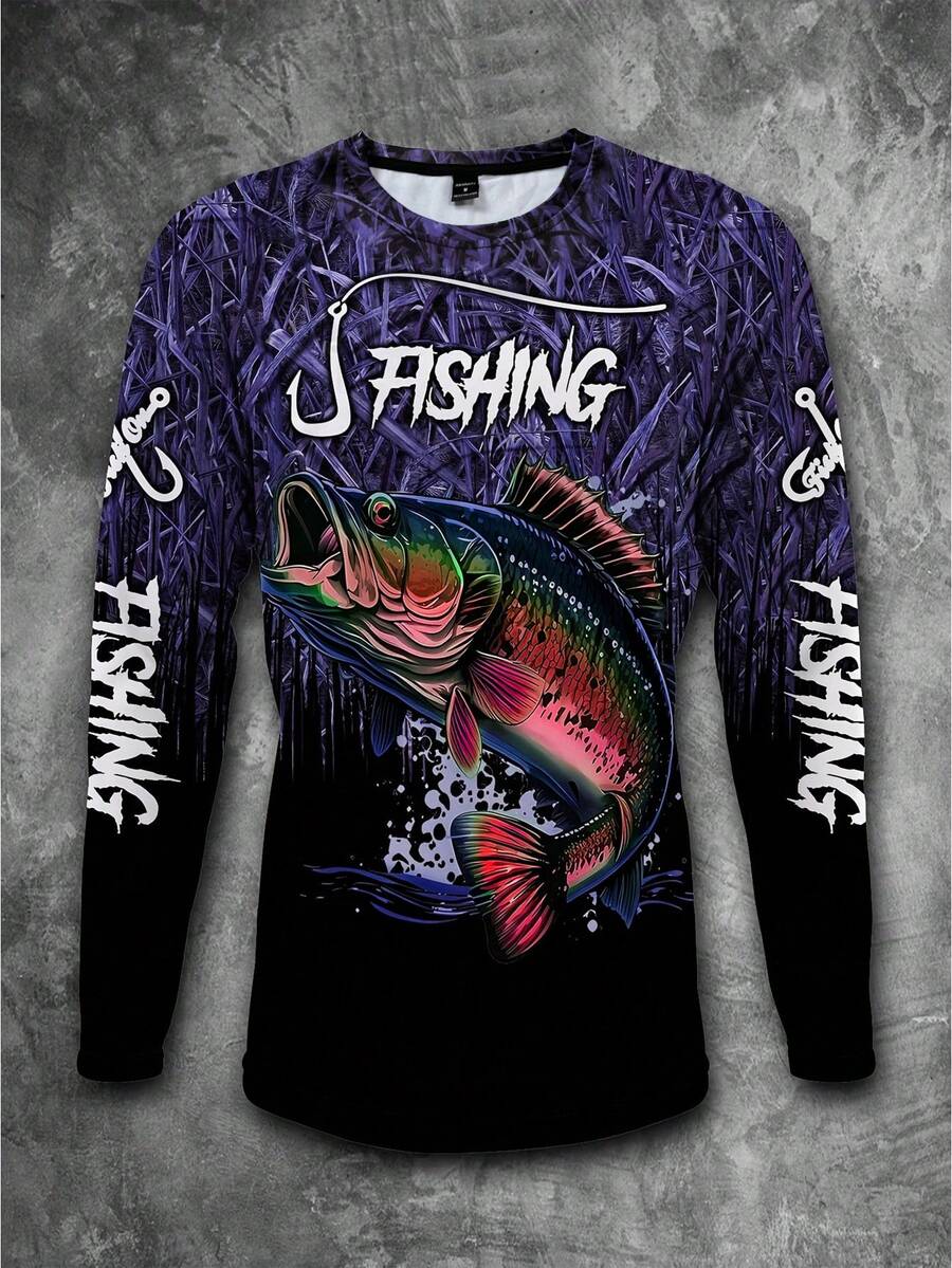 Manfinity LEGND Camiseta Casual de Pesca de Manga Longa Masculina - Estampa 3D de Peixe, Gola Redonda, Poliéster, Degradê Preto e Azul, Ideal para Atividades ao Ar Livre, Outono