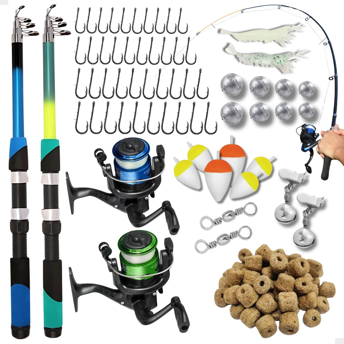 Pescamping Kit Pesca Completo 2 Varas Telescópica Fibra De Vidro E 2 Molinetes Leve Com Linha - Com Acessórios Bóias Chumbadas Anzóis Isca E Mais Tralha Quite De Pescaria