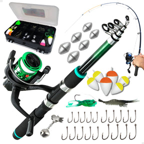 Pescamping Kit Pesca Completo - 1 Vara Fibra De Vidro E 1 Molinete Leve Com Linha - Estojo Com Acessórios Bóias Chumbadas Anzóis E Mais Tralha Quite De Pescaria