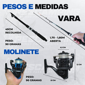 Pescamping Kit Pesca Completo - 1 Vara Fibra De Vidro E 1 Molinete Leve Com Linha - Estojo Com Acessórios Bóias Chumbadas Anzóis E Mais Tralha Quite De Pescaria