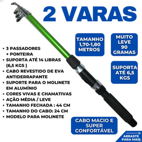 Pescamping Kit Pesca Completo 2 Varas Telescópica Fibra De Vidro E 2 Molinetes Leve Com Linha - Com Acessórios Bóias Chumbadas Anzóis Isca E Mais Tralha Quite De Pescaria